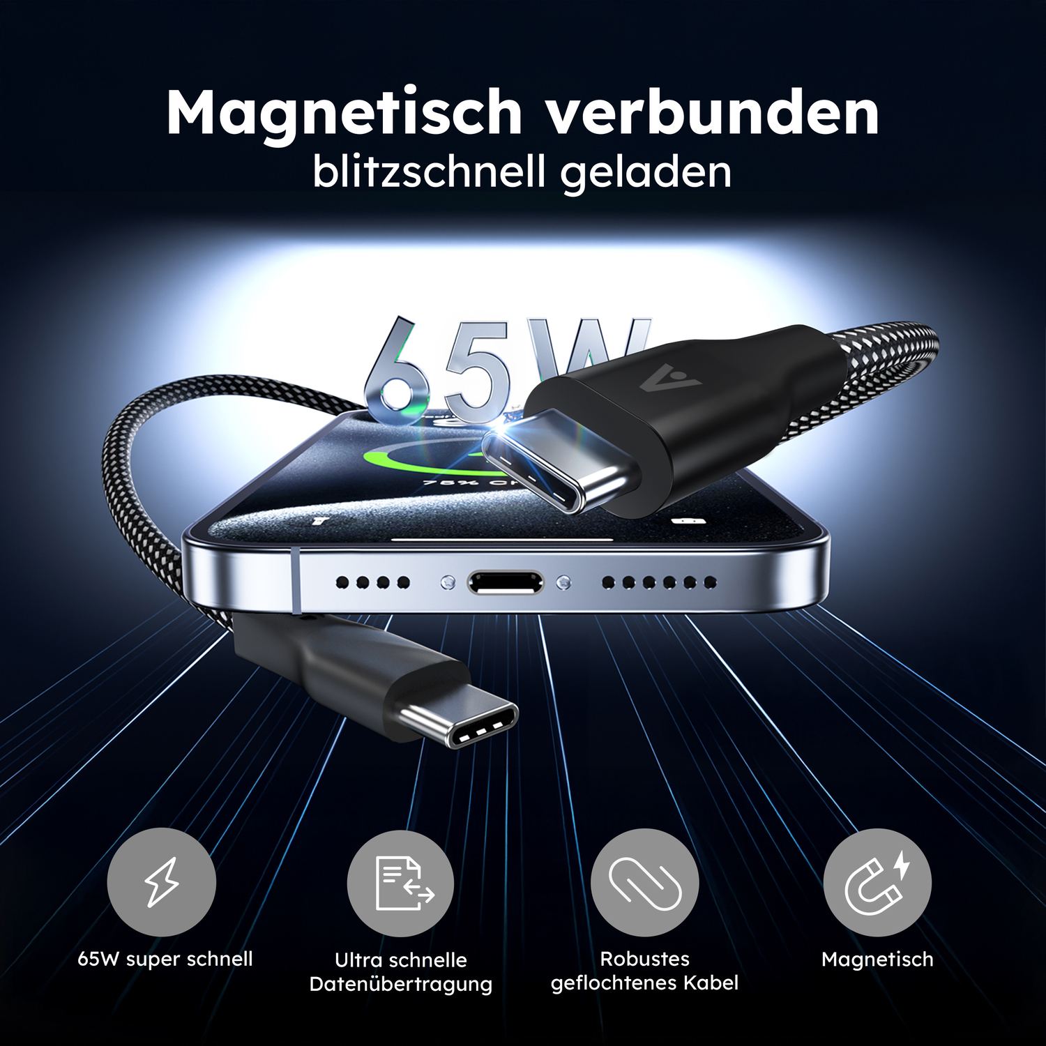 alkaya. | Speed Flex | Magnetisches Ladekabel | Geflochten | USB C+C, schwarz, 1 Meter
