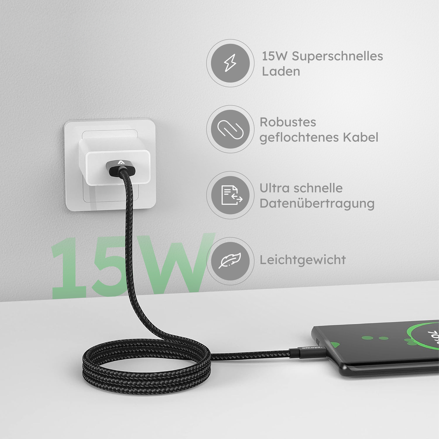 alkaya. | Speed Flex | Ladekabel | Geflochten | USB A+C schwarz, 1Meter