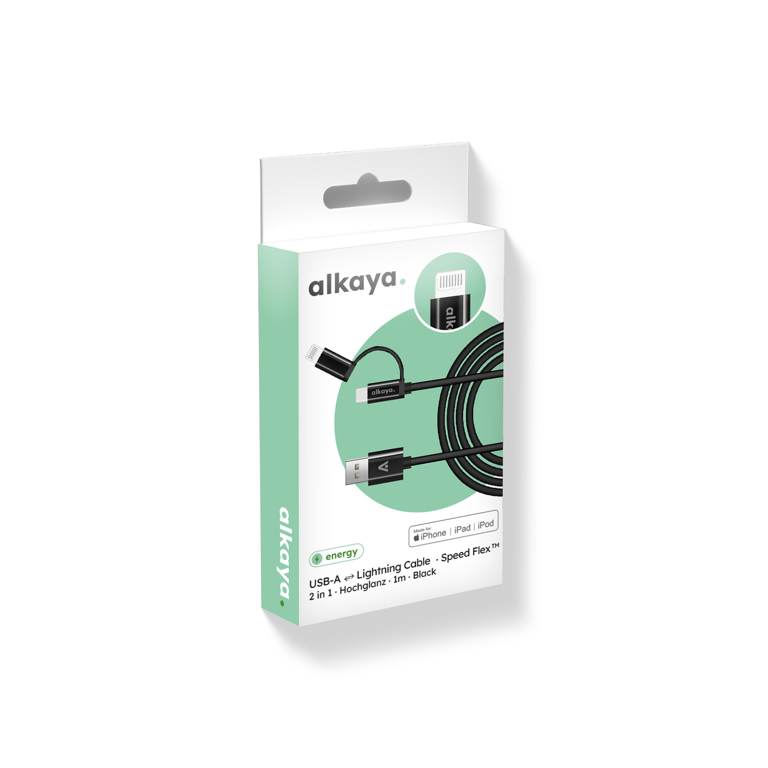 alkaya. | Speed Flex | 2 in 1 Ladekabel | Hochglanz | USB A+C+L Schwarz, 1 Meter