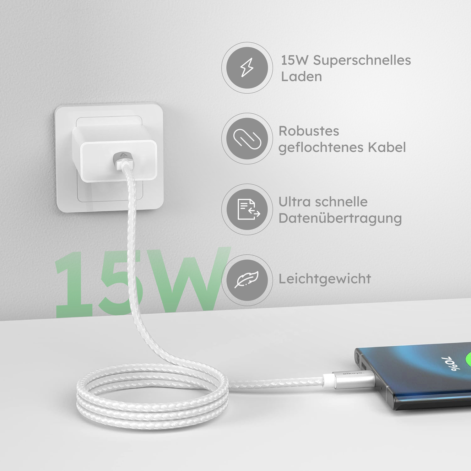 alkaya. | Speed Flex | Ladekabel | Geflochten | USB C+L Weiß, 1 Meter