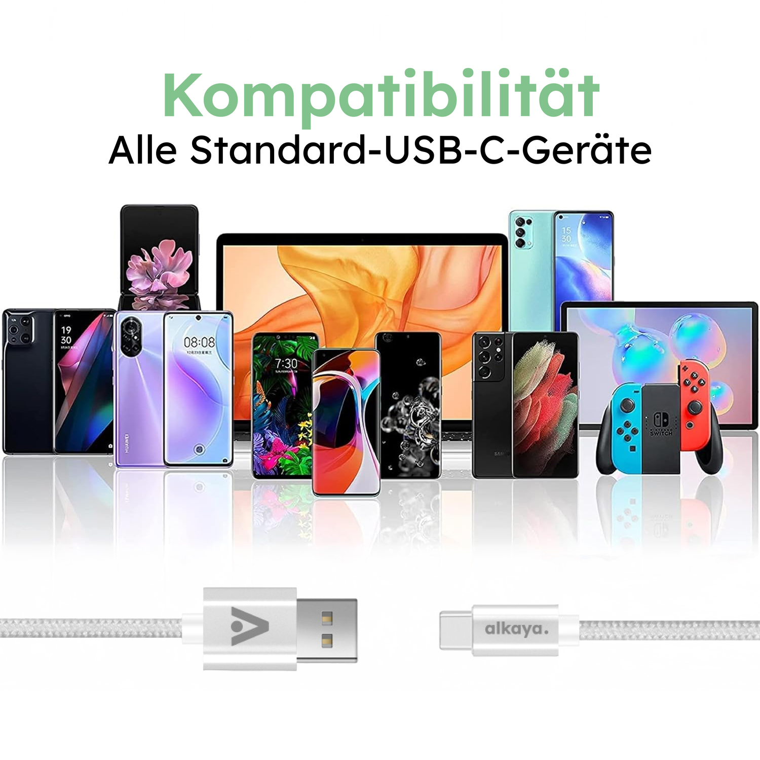 alkaya. | Speed Flex | Ladekabel | Geflochten | USB A+C Weiß, 1 Meter